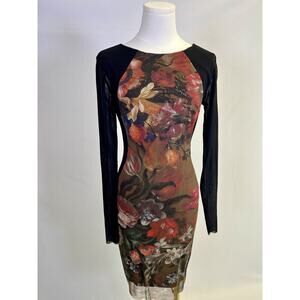 Elana Kattan Floral Dress Women Size Small Black 3/4 Sleeve Lightweight Bodycon